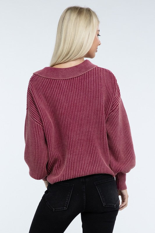 Zenana Washed Collared Henley Sweater in 6 Colors! ZENANA