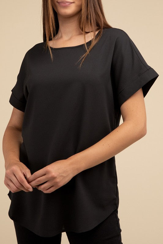 Zenana Woven Heavy Dobby Rolled Sleeve Boat Neck Top BLACK ZENANA