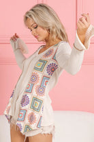 BiBi Cream Granny Square Print Contrast Annie Rib V Neck Top