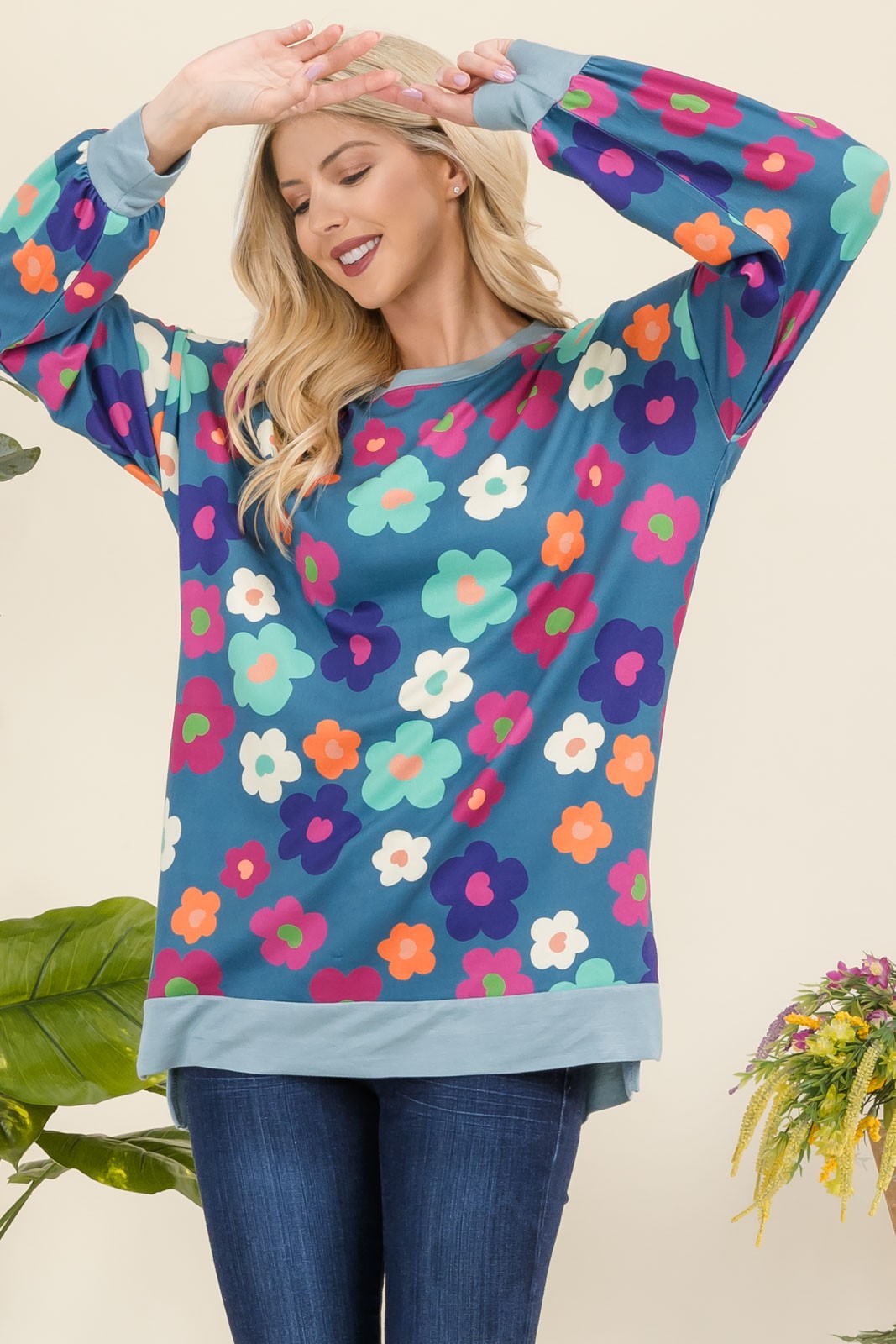 Celeste Teal & Florida Side Slit Print Long Sleeve Top Shirts