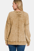 Zenana Camel Acid Washed French Terry Exposed Seam Dropped Shoulder Sweatshirt Shirts & Tops