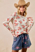 BiBi Oatmeal Floral Print Washed Waffle Thermal Top With Thumb