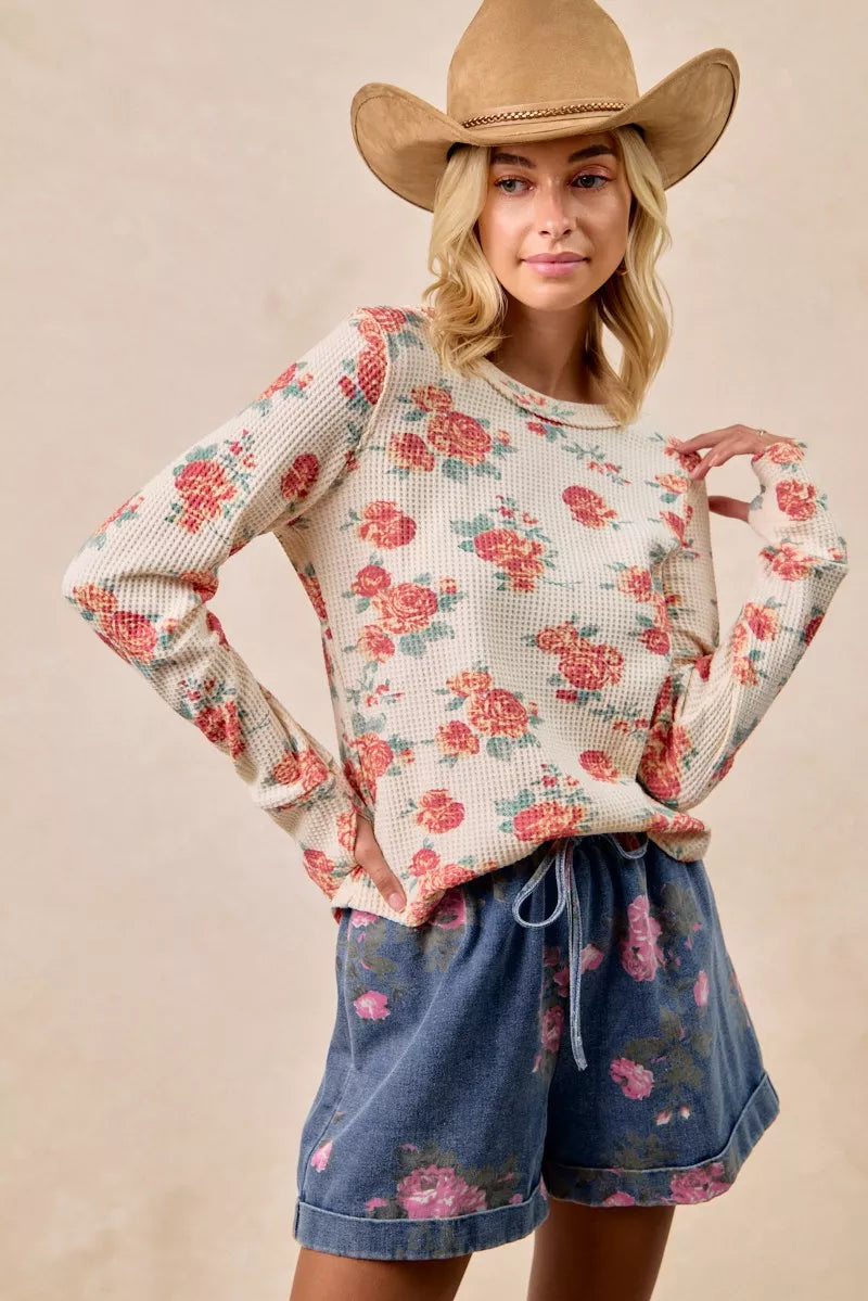 BiBi Oatmeal Floral Print Washed Waffle Thermal Top With Thumb