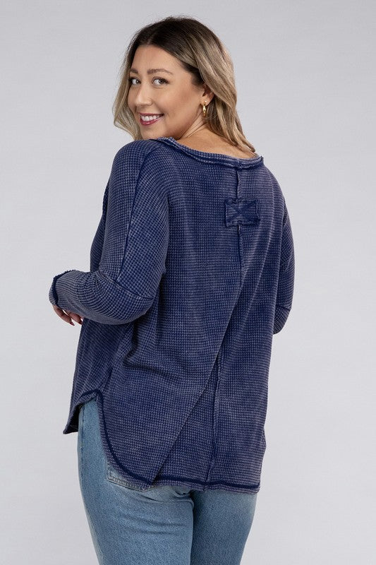 Zenana Plus Size Washed Baby Waffle Oversized Long Sleeve Top ZENANA