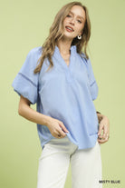 Umgee Lace Trim Peasant Top MISTY BLUE