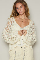 POL Ivory Cable-Knit Openwork V-Neck Button Up Cardigan