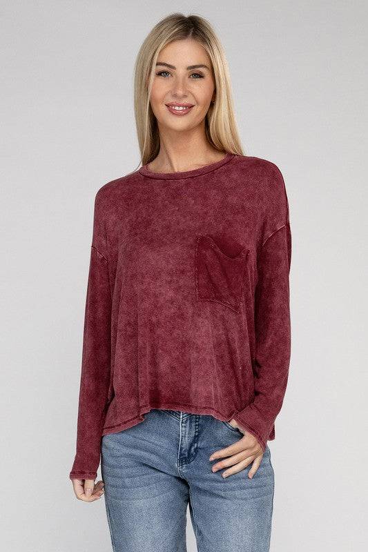 Zenana Washed Ribbed Dolman Sleeve Round Neck Top ZENANA