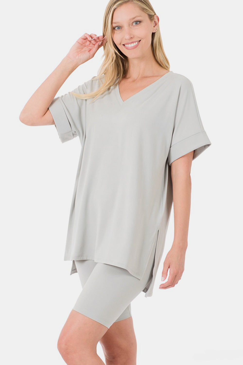 Zenana Full Size V-Neck Short Sleeve Slit T-Shirt and Shorts Set Lt Grey Trendsi