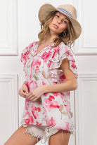 BiBi Floral Print Flutter Sheer Top