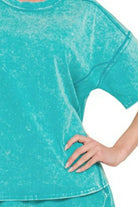 Zenana Light Teal Acid Washed Short Sleeve Tee & Shorts Set
