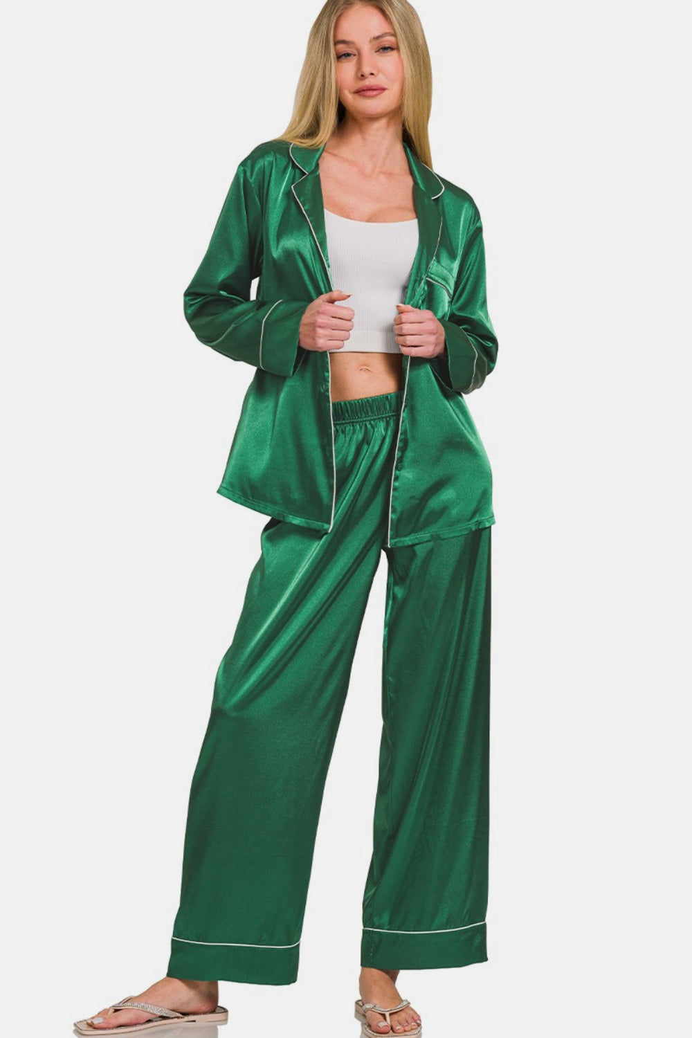 Zenana Hunter Green Satin Long Sleeve Shirt and Pants Pajama Set Trendsi