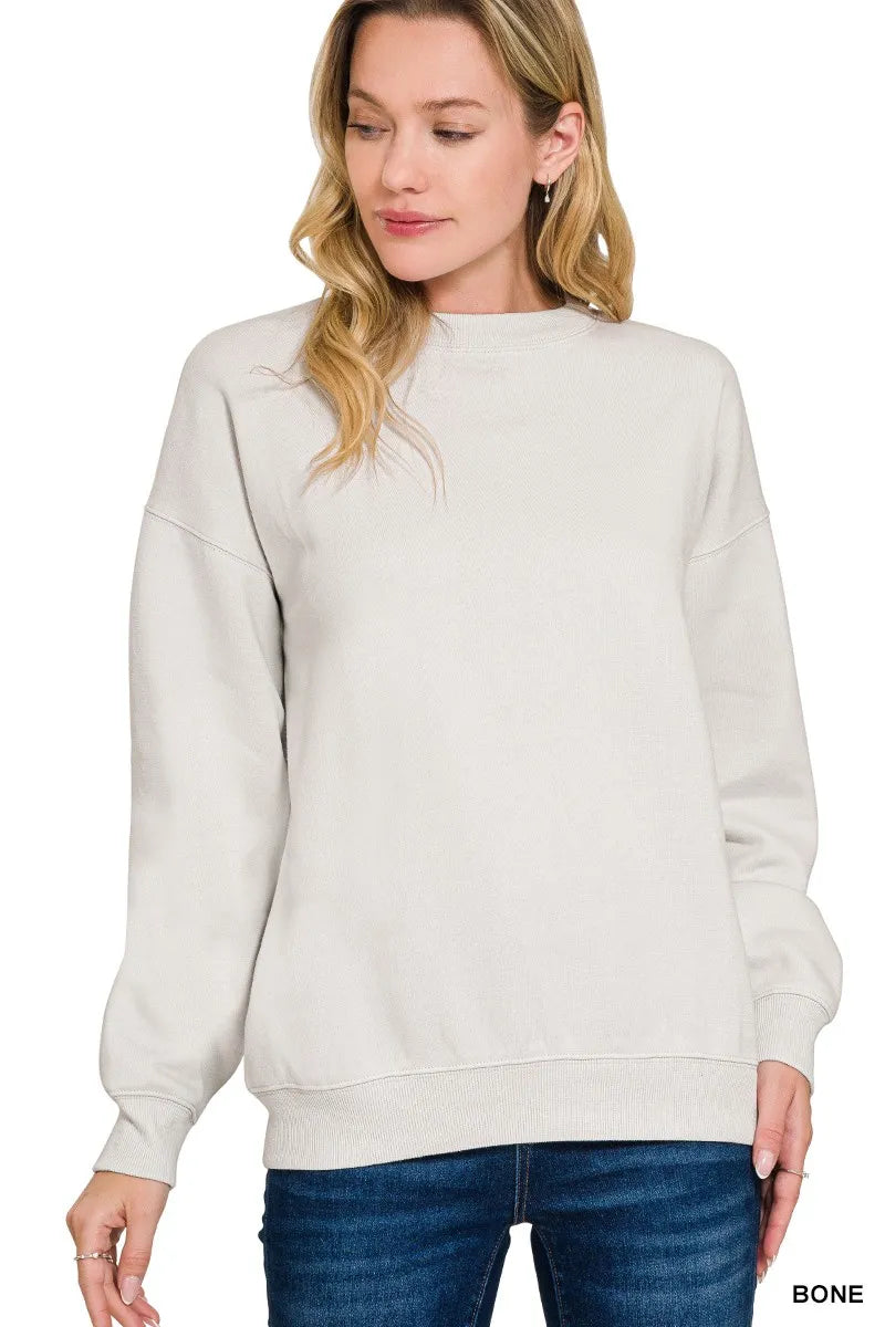 Zenana Bone Fleece Crewneck Long Sleeve Sweatshirt BONE