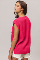 BiBi Fuchsia Patch Pocket Cap Sleeve Sweater Top Trendsi