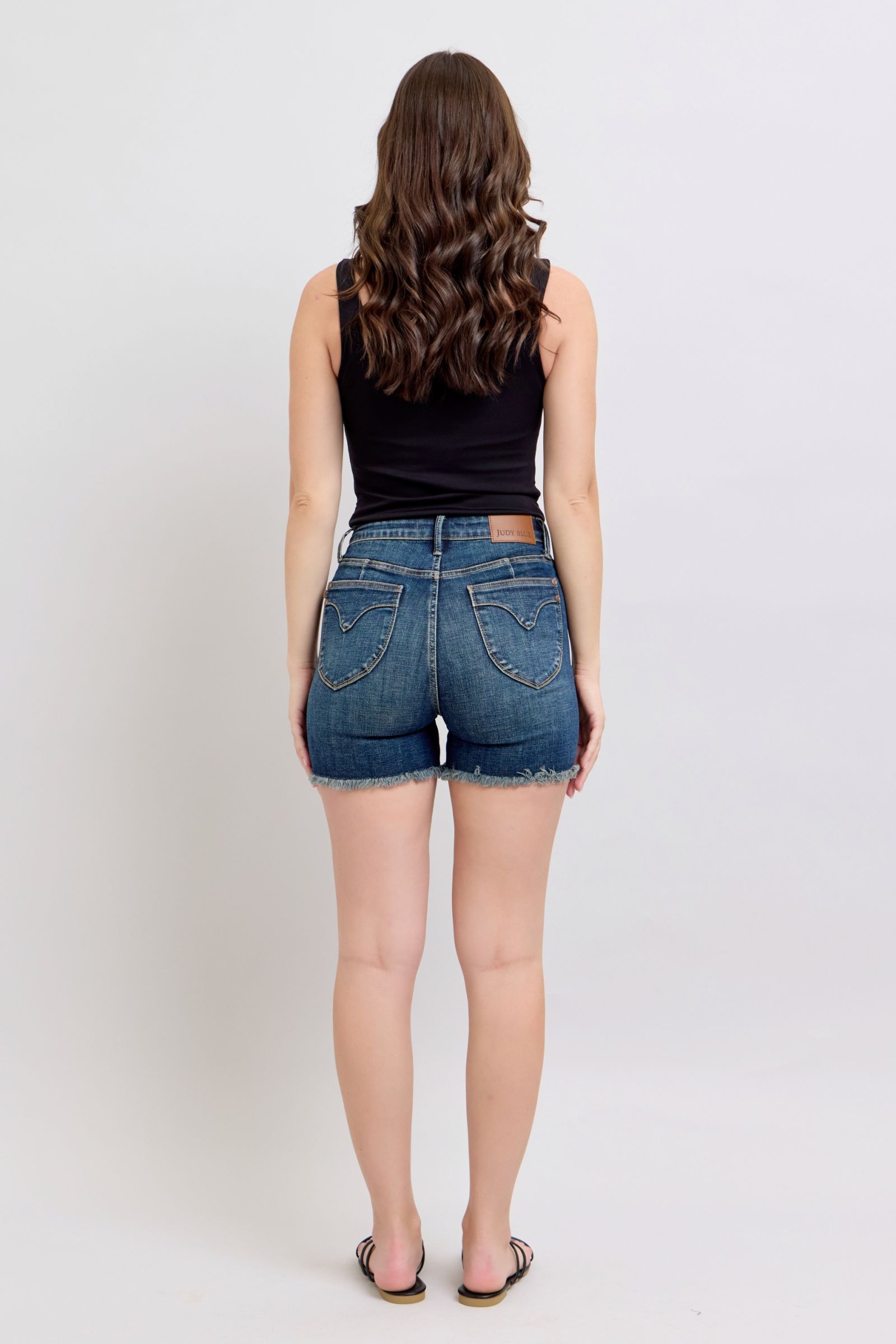 Judy Blue Dark Washed Tummy Control Fray Hem & Shield Back Pockets Denim Shorts