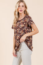 BOMBOM Chocolate Lightweight Floral Round Neck Short Sleeve T-Shirt