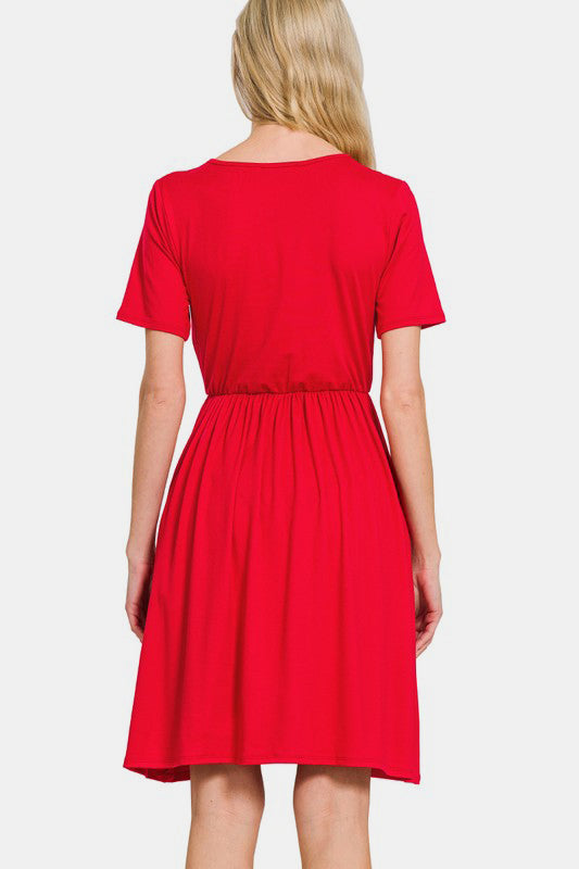 Zenana Red Surplice Short Sleeve Brushed DTY Dress Dresses