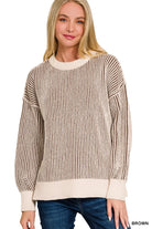 Zenana Brown Two Tone Crewneck Sweater BROWN