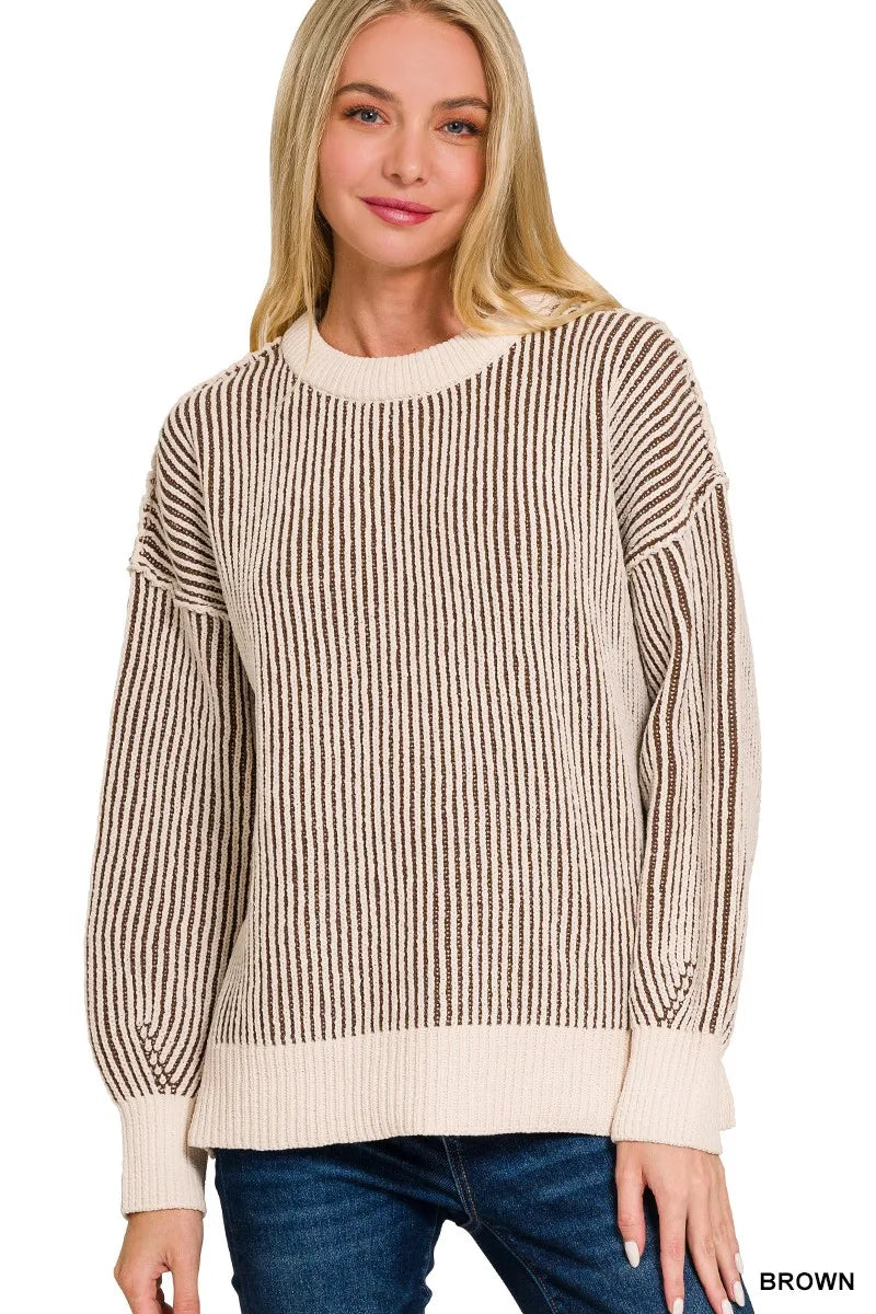 Zenana Brown Two Tone Crewneck Sweater BROWN