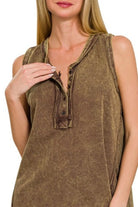 Zenana Mahogany Washed Half-Button Raw Edge Sleeveless Henley Top
