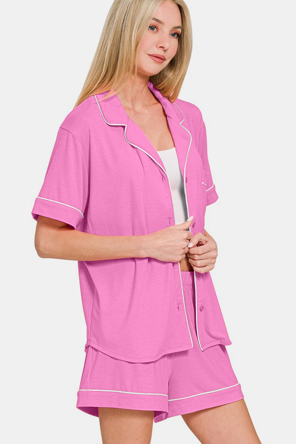 Zenana Bright Mauve Button Down Short Sleeve Top and Shorts Lounge Set Loungewear