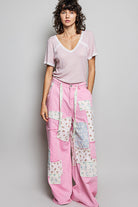 POL Baby Pink Lace Detail V-Neck Short Sleeve Textured T-Shirt