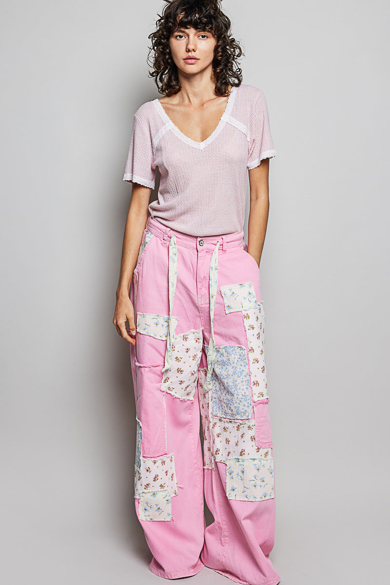 POL Baby Pink Lace Detail V-Neck Short Sleeve Textured T-Shirt