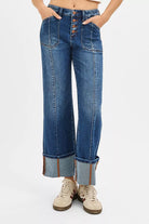 RISEN Dark Washed High Rise Crop Wide Straight Cuffed Jeans