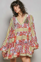 POL Ivory/Red Striped Floral Long Sleeve Mini Dress with Pintuck Detail IVORY RED MULTI
