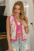 BiBi Ivory & Pink Leopard Sweater Vest With Front Tie and Scallop Detail