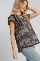 Umgee Ruffled Landscape Print Short Sleeve French Terry Top in Dark Gray Shirts & Tops