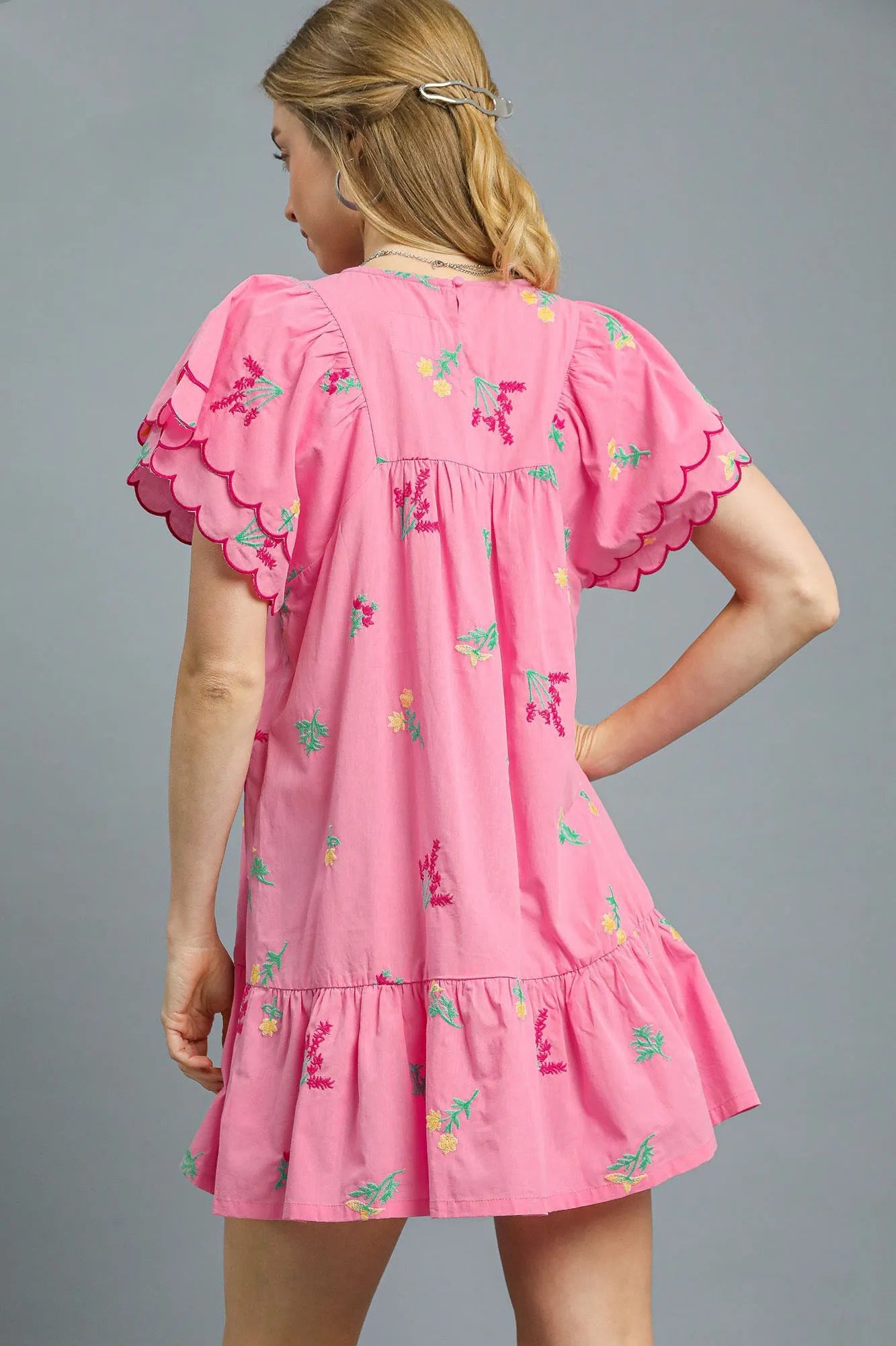 Umgee Pink Floral Embroidered Short Sleeve Babydoll Mini Dress Dresses