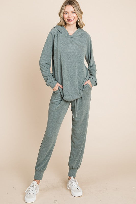 Super Lady Olive French Terry Long Sleeve Hoodie and Tied Jogger Pants Set Trendsi