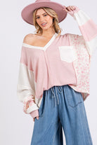 SAGE + FIG Blush Pink Floral Long Sleeve V-Neck Waffle Knit Top