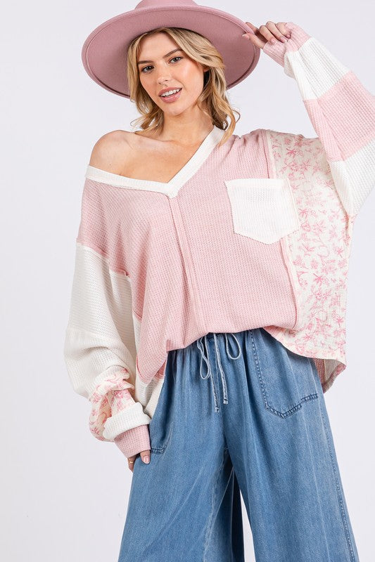 SAGE + FIG Blush Pink Floral Long Sleeve V-Neck Waffle Knit Top