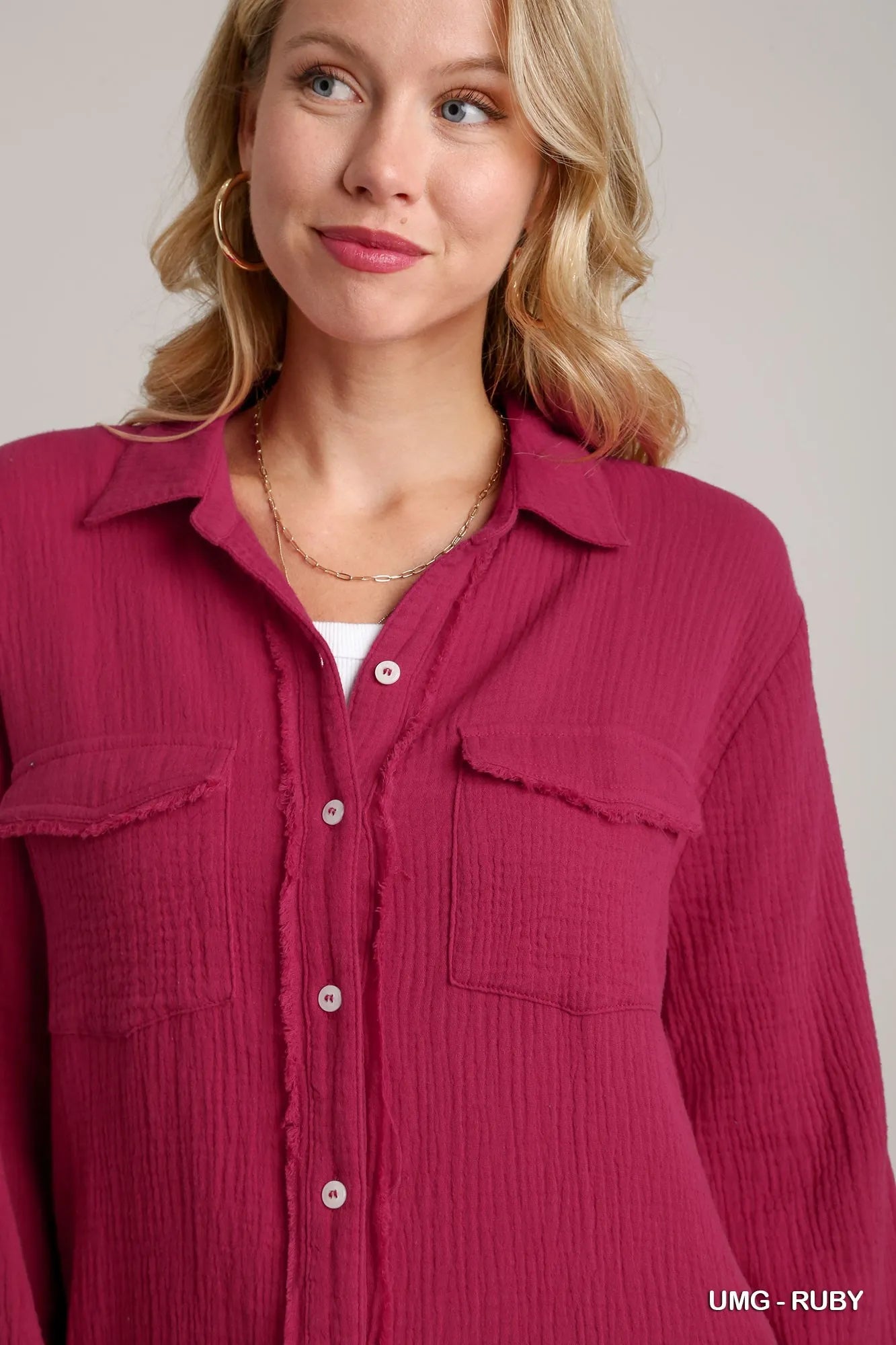 Umgee Ruby Cotton Gauze Button Down Shirt Dress