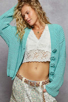 POL Aqua V-Neck Long Sleeve Cardigan with Crochet Exaggerated Buttons Aqua