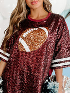 Preorder Game Day Sequin Football Round Neck Half Sleeve Oversized Top Trendsi