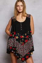 POL Black Round Neck Ribbed Tank with Woven Print Patch BLACK