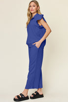 Double Take Quilted Textured Ruffle Short Sleeve Top and Drawstring Wide Leg Pants Set Trendsi