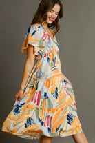 Umgee Abstract Print Flutter Sleeve Frill Tiered Midi Dress