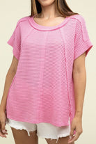 Zenana Brushed Waffle Exposed-Seam Short Sleeve Top PINK ZENANA