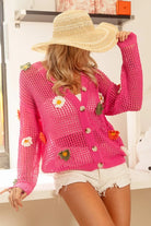 BiBi Fuchsia Flower Patches Open Knit Sweater Cardigan