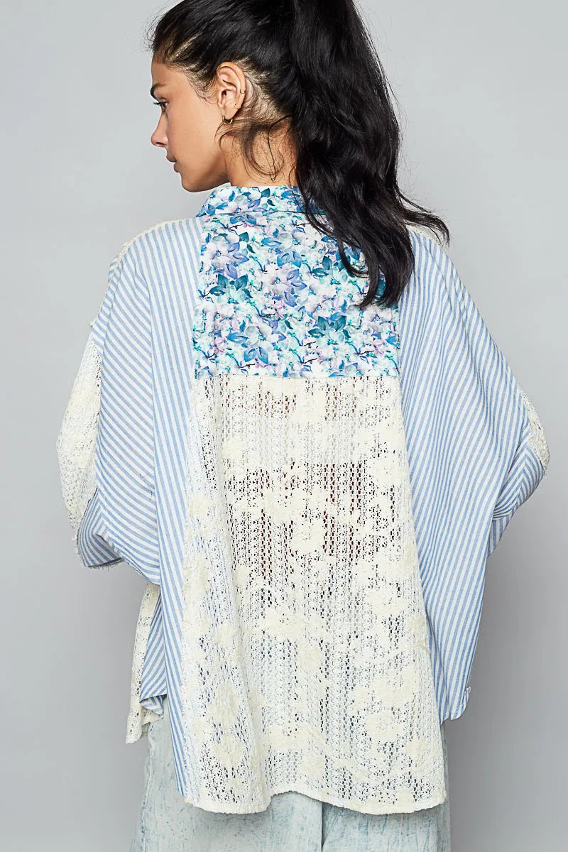 POL Blue Lace Long Sleeve Shirt with Floral and Striped Pattern