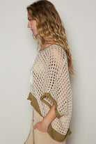 POL Beige & Olive Hollow Out Flower Half Sleeve Knit Cover Up