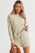 Double Take Quilted Textured Long Sleeve Top and Drawstring Shorts Set Tan Trendsi