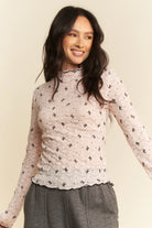 Davi & Dani Pink Ribbon Bow Lace Hem Long Sleeve Mesh Layering Top PINK