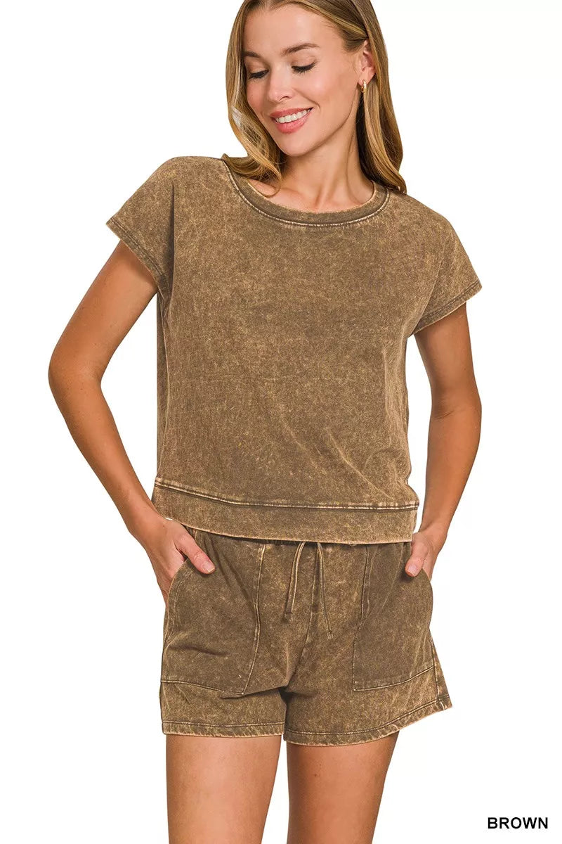 Zenana Brown Premium Cotton Washed Sleeveless Top & Shorts Set BROWN