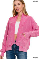 Zenana FuchsiaWashed Dropped Shoulder Cardigan with Side Pockets FUCHSIA
