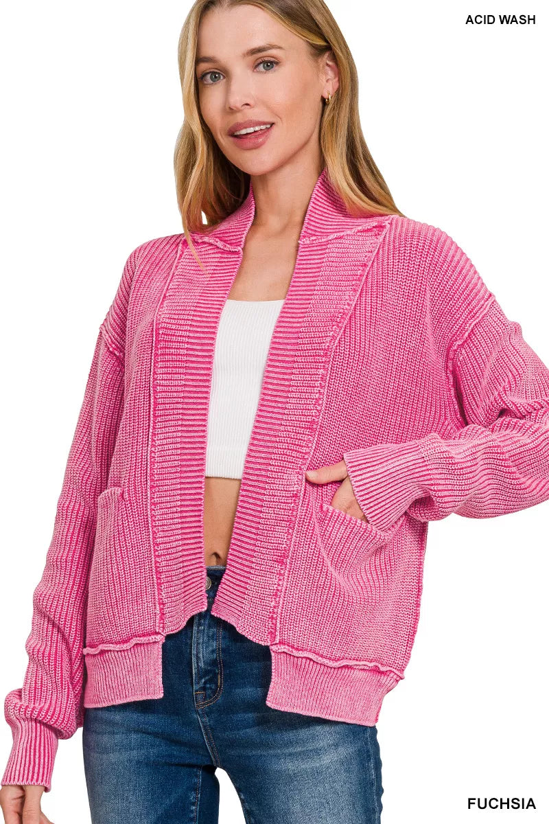 Zenana FuchsiaWashed Dropped Shoulder Cardigan with Side Pockets FUCHSIA