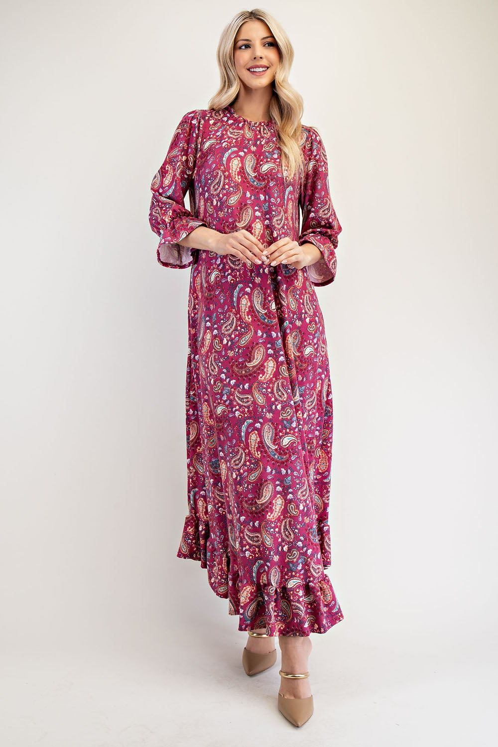 Celeste Cerise Ruffle Hem Paisley Round Neck Maxi Dress Dresses